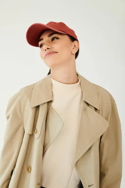 A confident woman showcases her autumn fashion, poised in a stylish outfit, capturing the season's essence indoors. — Stock Photo