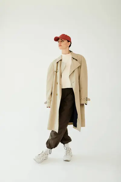 A fashionable young woman showcases a chic autumn outfit, exuding confidence in a studio with minimalist style. — Stock Photo