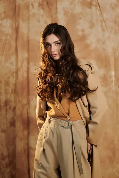 A young woman showcases her beauty and fashion sense in a chic autumn ensemble within a cozy studio environment. — Stock Photo