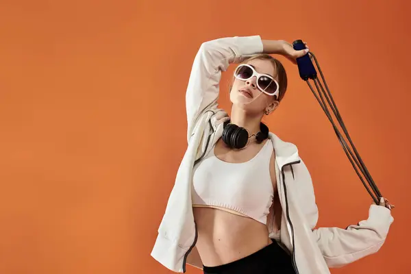 A beautiful sportswoman expresses emotion while posing confidently in casual fitness attire. — Stock Photo
