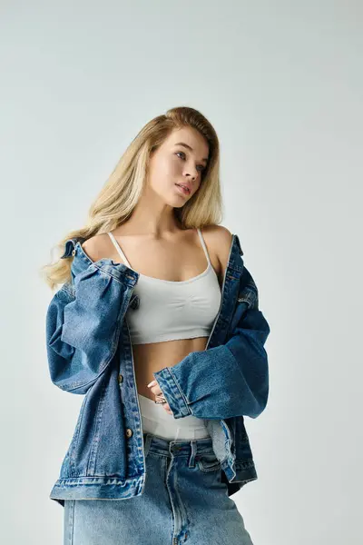 A young woman displays her unique style in a denim jacket in a minimalist setting. — Stock Photo