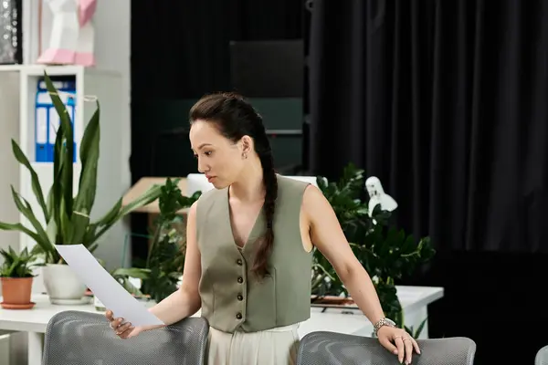 Una donna professionista esamina i documenti in un ambiente elegante ufficio. — Foto stock