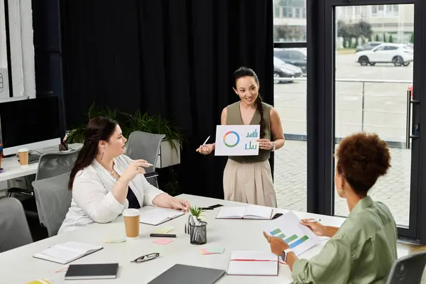A group of professional women engage in a collaborative strategy discussion while presenting data. — Stock Photo