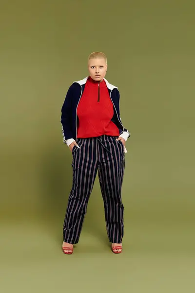 A young bald woman showcases her vibrant outfit while exuding confidence and style. — Stock Photo