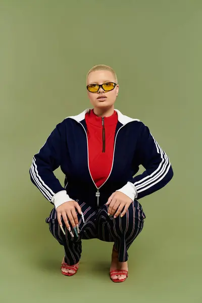 A young bald woman in colorful clothing squats gracefully while showcasing her unique style. — Stock Photo