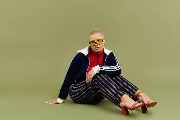 A young bald woman confidently poses in vibrant clothes against a soft green backdrop. — Stock Photo