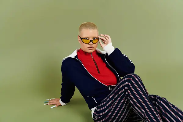 Una joven calva se sienta con estilo, vistiendo ropa llamativa y gafas de sol juguetonas. - foto de stock