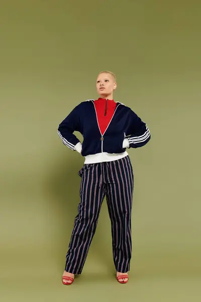 A young bald woman showcases her vibrant attire with confidence and boldness. — Stock Photo