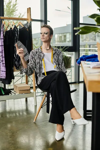 A fashionable gender fluid designer thoughtfully curates designs while seated in a modern studio area. — Stock Photo