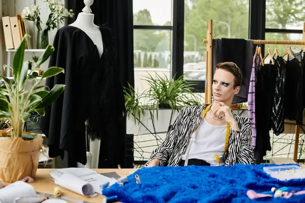 A stylish transgender designer explores creative ideas in a lively studio filled with lively fabrics. — Stock Photo