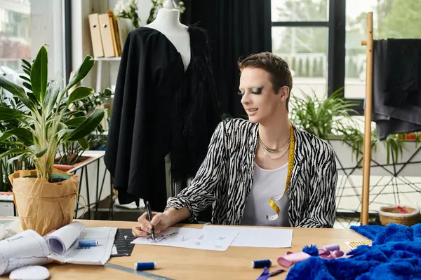 A trendsetting transgender fashion designer collaborates in their vibrant studio, creating unique clothing sketches. — Stock Photo