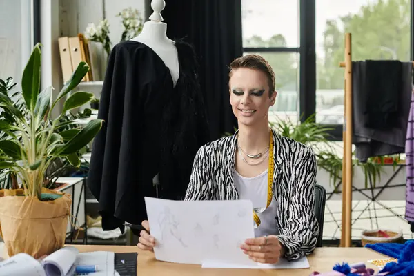 A stylish gender fluid fashion designer reviews design sketches in a bright, lively studio filled with inspiration. — Stock Photo