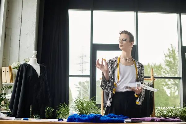 A stylish gender fluid fashion designer curates vibrant materials while surrounded by creative inspiration. — Stock Photo