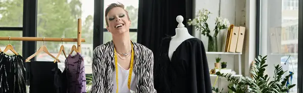 A fashionable transgender designer passionately creates and showcases unique designs in a bright studio. — Stock Photo