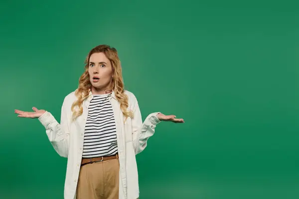 Une femme élégante avec des serrures bouclées montre une expression surprise tout en s'habillant avec désinvolture sur un fond vert vif. — Photo de stock