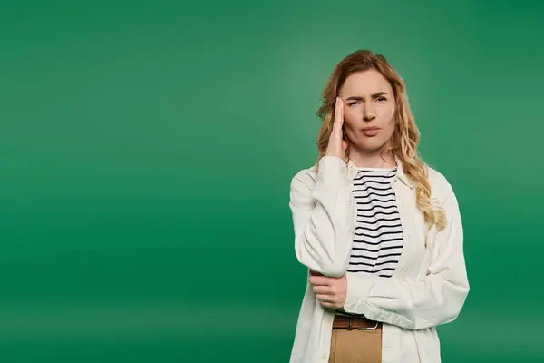 A casual woman with beautiful curly hair stands thoughtfully on a bright green background, lost in her thoughts. — Stock Photo