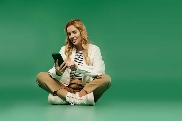 A joyful young woman with curly hair checks her smartphone while seated casually in a lively green setting. — Stock Photo