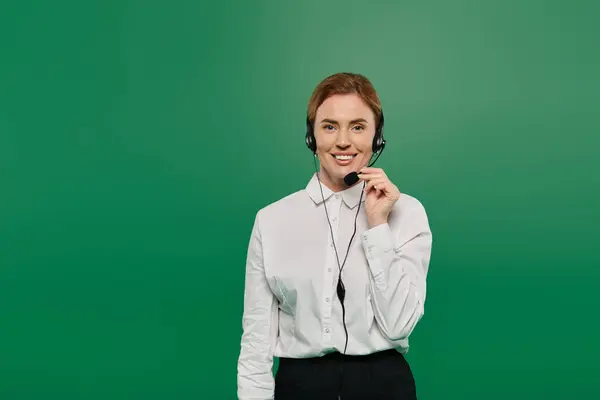 A professional woman in formal wear engages with clients in a dynamic call center environment. — Stock Photo