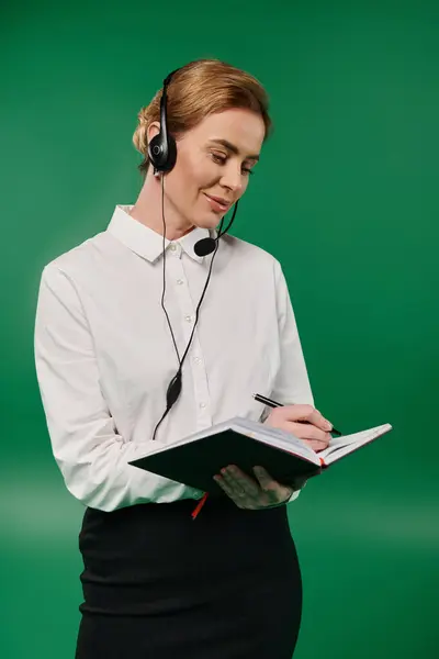 A professional woman engages with customers, wearing a headset and noting details in her notebook. — Stock Photo