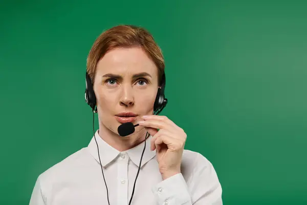 A professional woman in formal attire is engaged in a call, ready to assist clients effectively. — Stock Photo