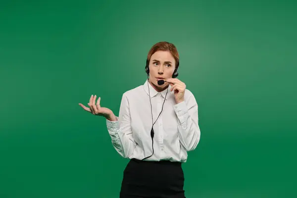 A professional woman with a headset gestures while speaking, set against a lively green background. — Stock Photo