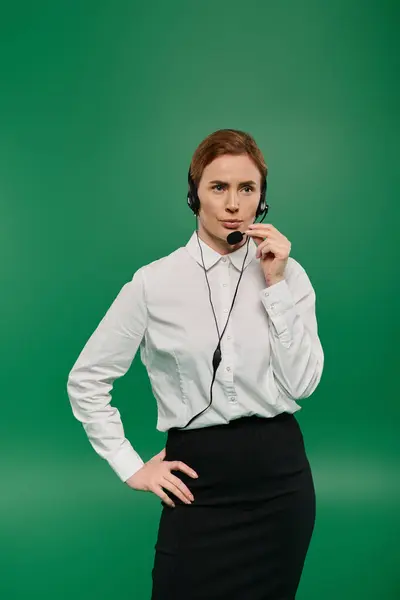 A confident woman in a crisp white shirt and formal attire speaks through a headset against a vibrant green backdrop. — Stock Photo