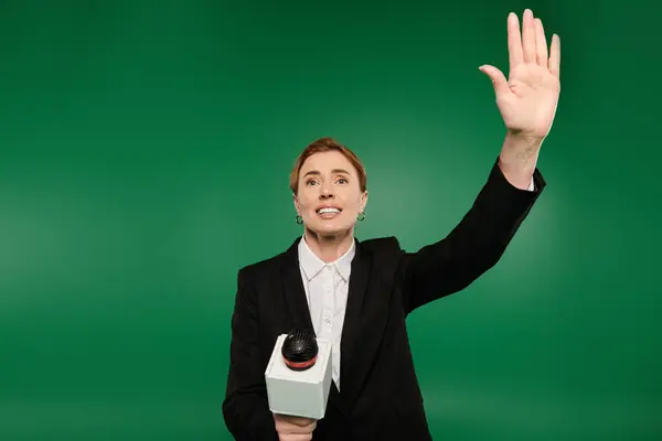 Un talentoso presentador de televisión, vestido de negro formal, se comunica con entusiasmo sobre un fondo verde vibrante. - foto de stock