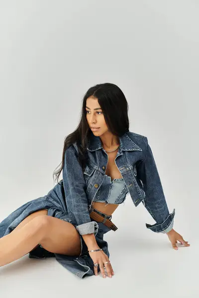 Two young women express their fashion sense with oversized denim and chic boots in a studio. — Stock Photo