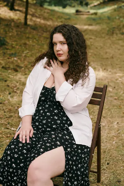 Plus size donna abbraccia la sua fiducia, mentre seduto con grazia in natura sereno abbraccio. — Foto stock