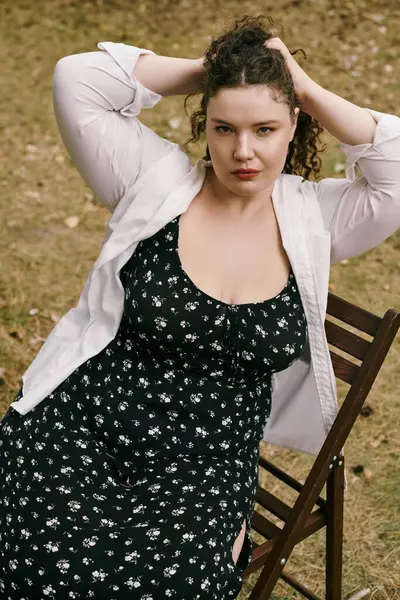 A confident plus size woman sits gracefully in a field, enjoying the tranquility of nature. — Stock Photo
