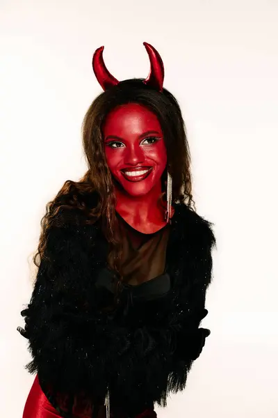 Vestida como um diabo, a mulher irradia alegria e emoção durante as celebrações do Dia das Bruxas. — Fotografia de Stock