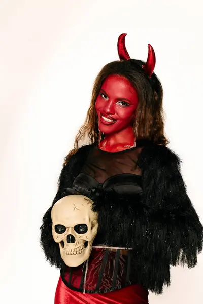 A stunning woman dressed as a devil holds a skull, embodying the Halloween spirit and allure. — Stock Photo