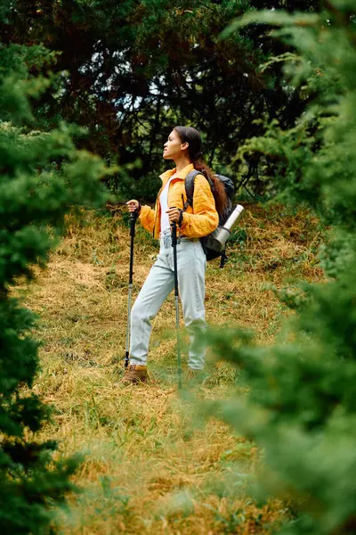 A young African American woman explores a picturesque forest, surrounded by autumn hues and nature tranquility. — Stock Photo