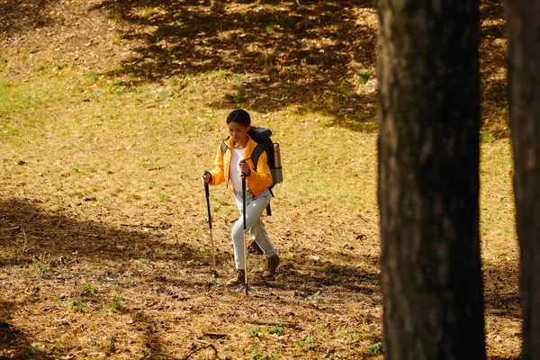 A young woman explores a colorful forest trail, savoring the beauty of autumn while hiking with spirit. — Stock Photo