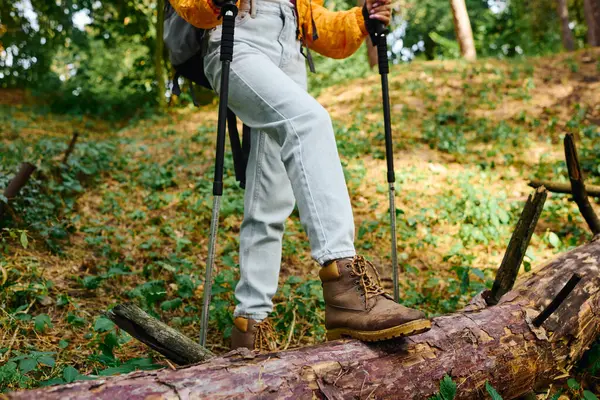 Une jeune afro-américaine explore un sentier forestier, embrassant la beauté du feuillage d'automne lors de sa randonnée. — Photo de stock