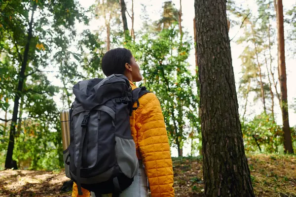 A young African American woman enjoys her hike through a rich, colorful forest in autumn warm glow. — Stock Photo