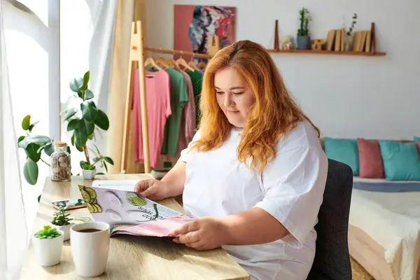 A plus size woman relaxes in her bright space, enjoying a magazine and her surroundings. — Stock Photo