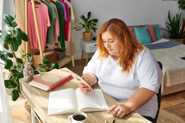 A beautiful plus size woman reflects thoughtfully while writing in her notebook at home. — Stock Photo