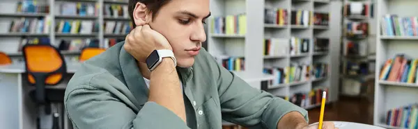 A focused student writes intently, surrounded by shelves filled with books in a bright library. — Stock Photo