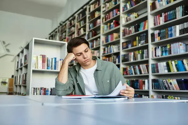 A focused student deeply engaged in his studies within a vibrant library atmosphere. — стоковое фото