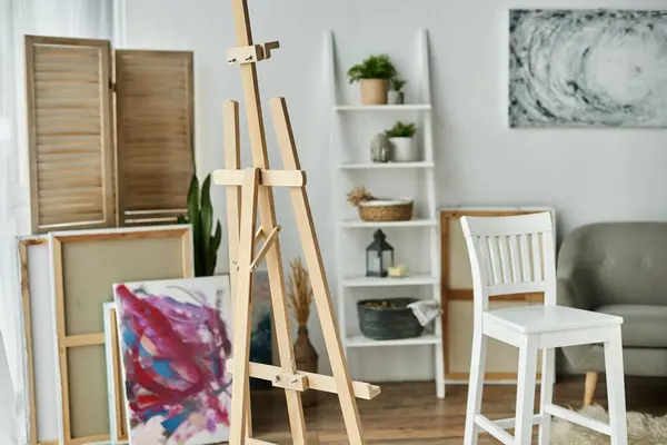 A young woman with natural makeup expresses her creativity by painting in a bright, inviting space. — Stock Photo