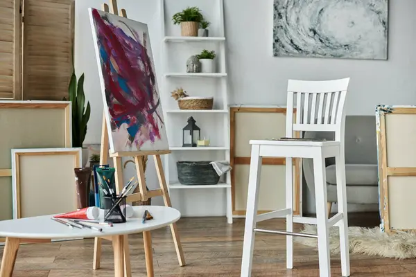 Um estúdio acolhedor com um cavalete de lona, tintas e uma atmosfera que desperta criatividade. — Stock Photo