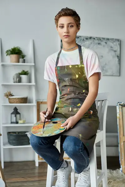 With a focused expression, a young woman enjoys painting her latest artwork in a cozy indoor space. — Stock Photo