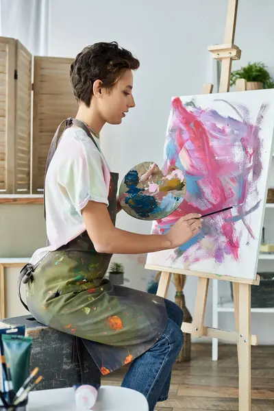 In a bright home studio, a young woman expresses her creativity through painting a vibrant abstract artwork. — Stock Photo