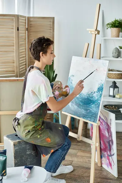 The young woman engages in her creative passion, painting waves in a cheerful, welcoming space. — Stock Photo