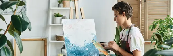 Una joven disfruta de su pasatiempo artístico, pintando una pieza vibrante en su acogedora casa llena de plantas. - foto de stock