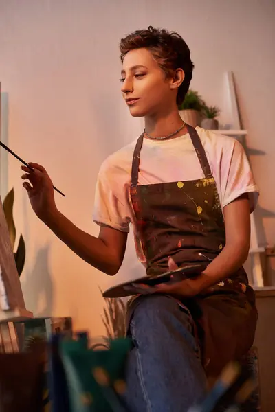 A young woman with short hair diligently paints a vivid picture at home, expressing her artistic passion. — Stock Photo