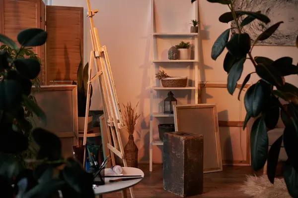 Artwork on easel in a cozy, plant-filled room. — Stock Photo