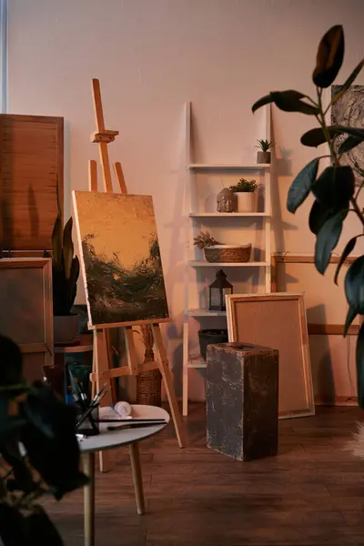 Hermosa pintura sobre lienzo y caballete en el estudio de arte durante las horas de oro - foto de stock