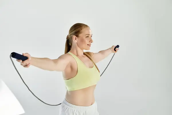 A dedicated sportswoman performs an energetic exercise routine in a vibrant gym studio. — Stock Photo